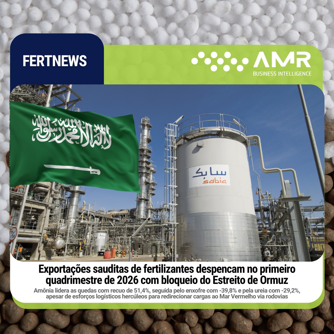 Capa da postagem Exportações sauditas de fertilizantes despencam no primeiro quadrimestre de 2026 com bloqueio do Estreito de Ormuz
