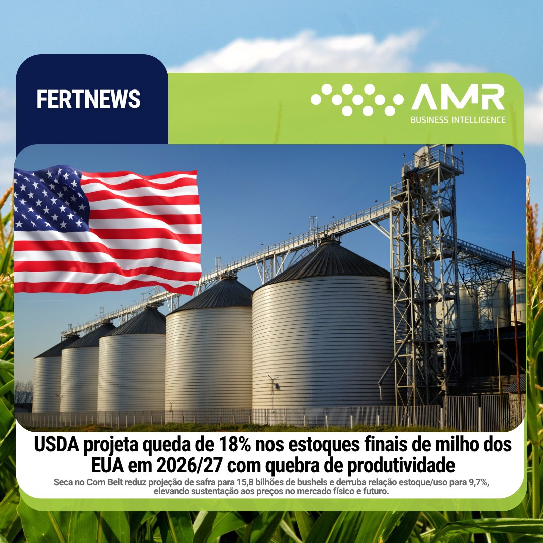 Capa da postagem USDA projeta queda de 18% nos estoques finais de milho dos EUA em 2026/27 com quebra de produtividade