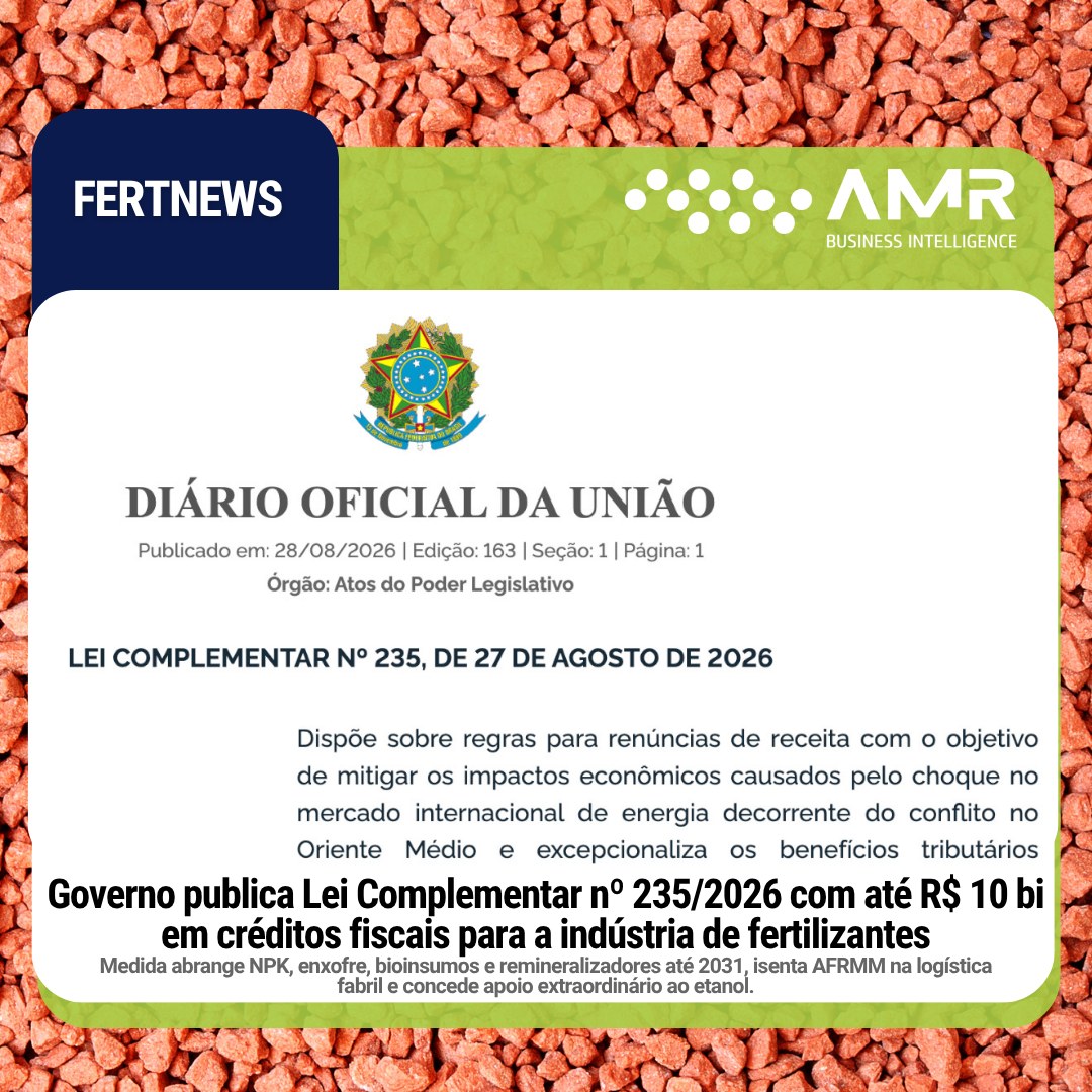Capa da postagem Governo publica Lei Complementar nº 235/2026 com até R$ 10 bi em créditos fiscais para a indústria de fertilizantes