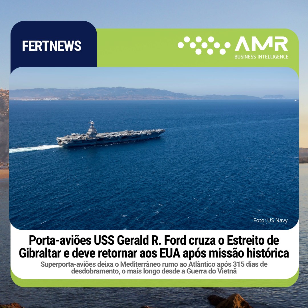 Capa da postagem Porta-aviões USS Gerald R. Ford cruza o Estreito de Gibraltar e deve retornar aos EUA após missão histórica