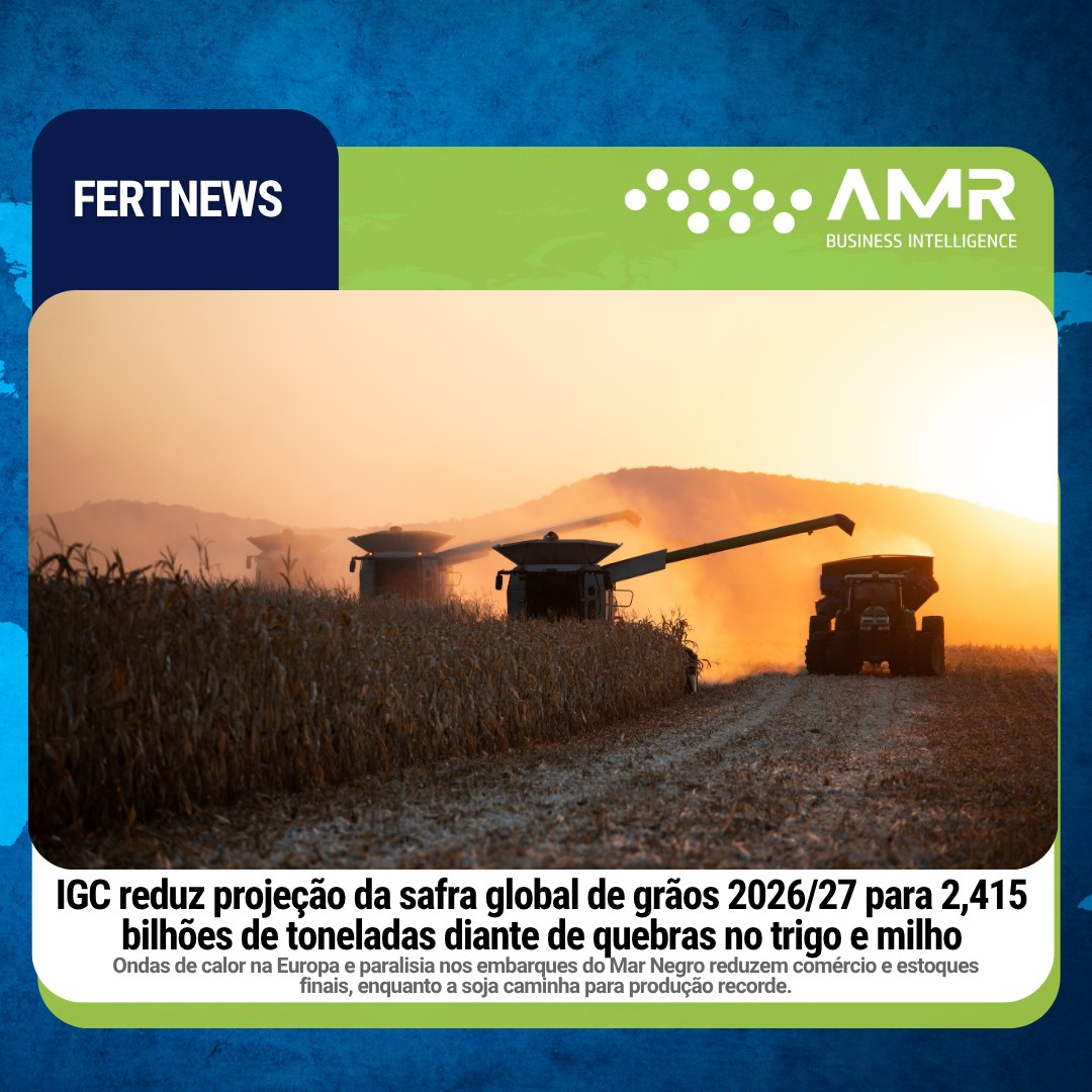 Capa da postagem IGC reduz projeção da safra global de grãos 2026/27 para 2,415 bilhões de toneladas diante de quebras no trigo e milho