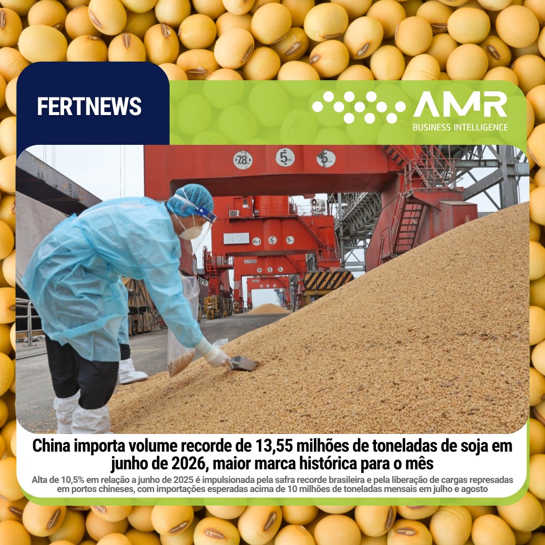 Capa da postagem China importa volume recorde de 13,55 milhões de toneladas de soja em junho de 2026, maior marca histórica para o mês