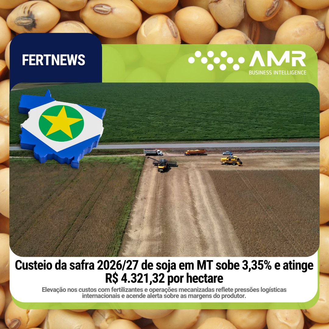 Capa da postagem Custeio da safra 2026/27 de soja em MT sobe 3,35% e atinge R$ 4.321,32 por hectare