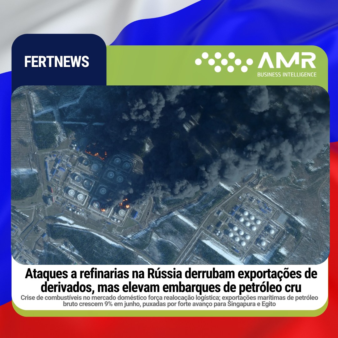 Capa da postagem Ataques a refinarias na Rússia derrubam exportações de derivados, mas elevam embarques de petróleo cru