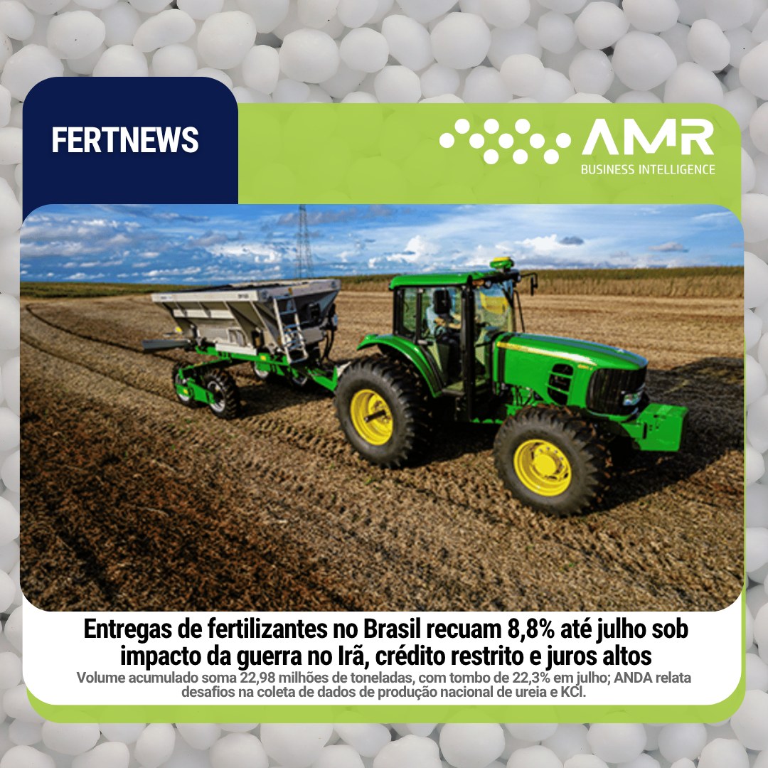 Capa da postagem Entregas de fertilizantes no Brasil recuam 8,8% até julho sob impacto da guerra no Irã, crédito restrito e juros altos