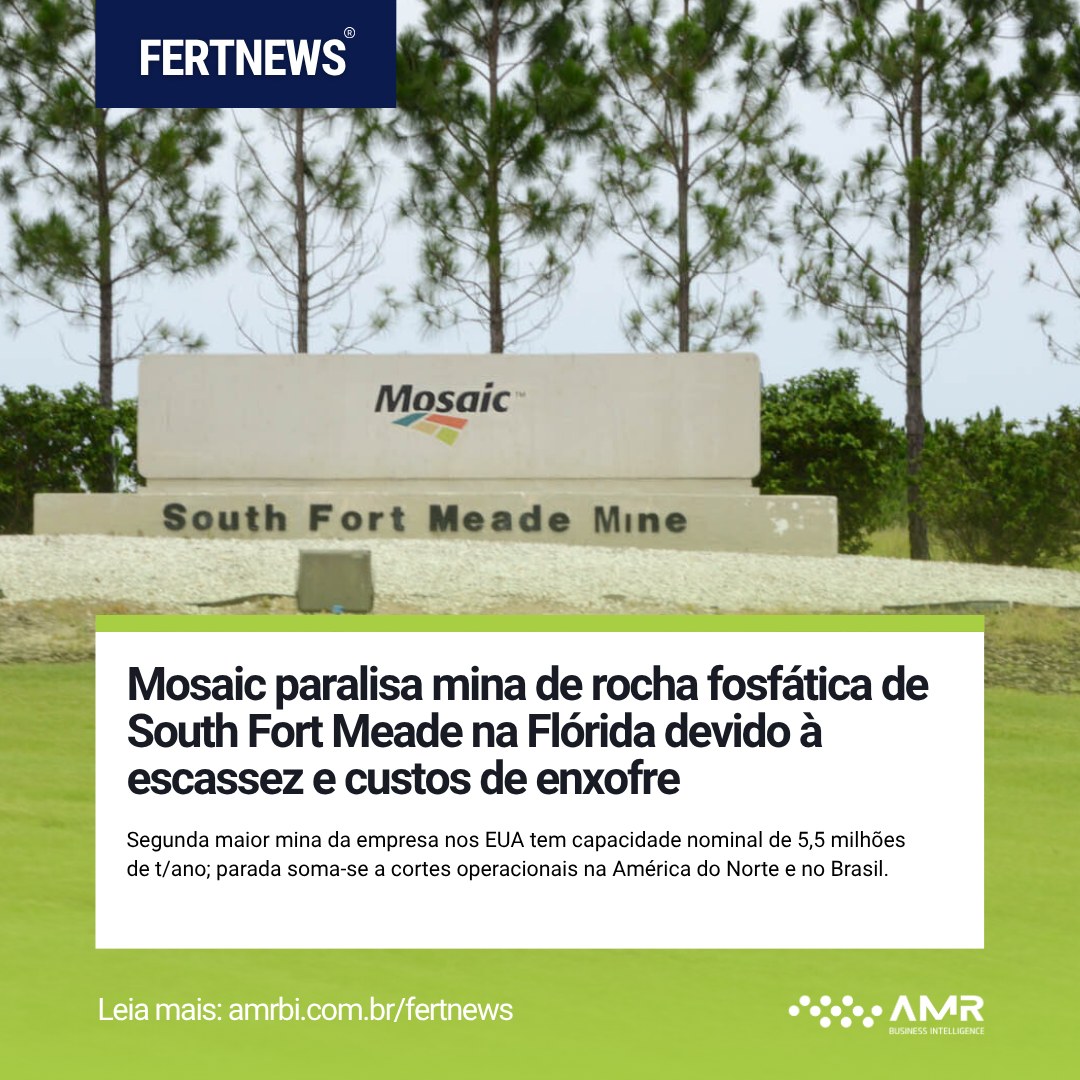 Capa da postagem Mosaic paralisa mina de rocha fosfática de South Fort Meade na Flórida devido à escassez e custos de enxofre