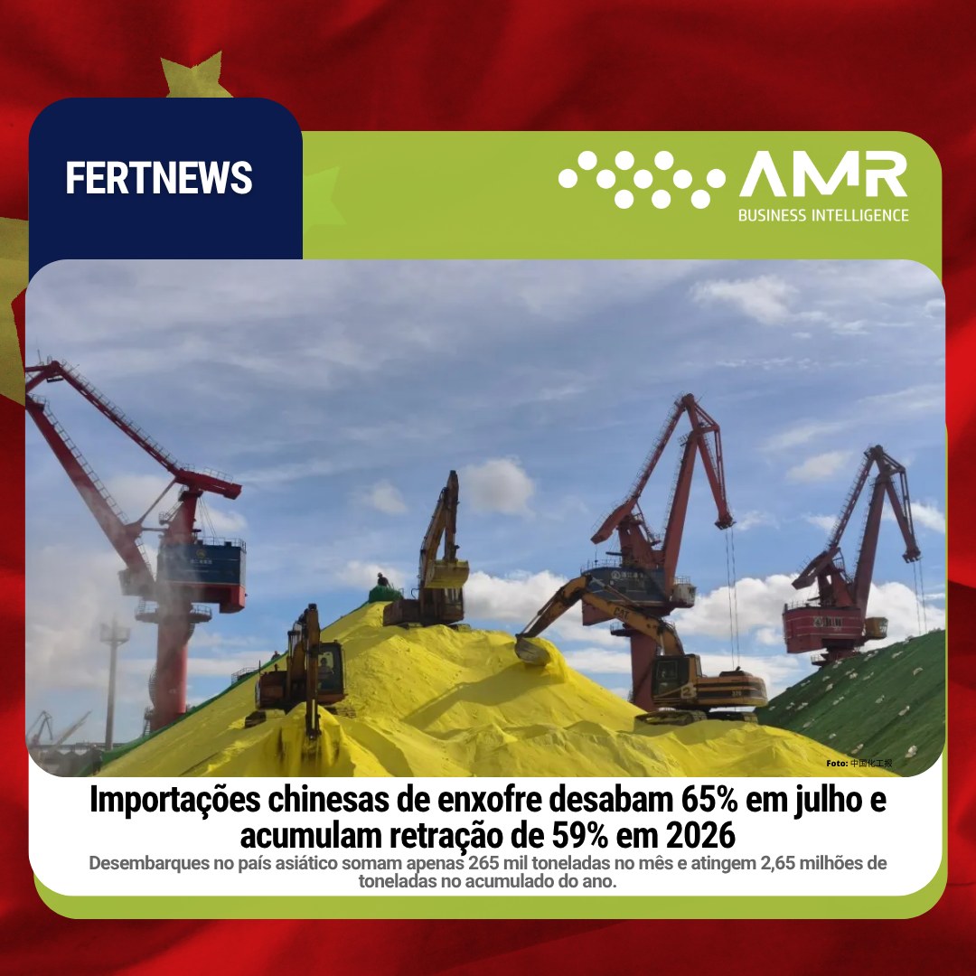 Capa da postagem Importações chinesas de enxofre desabam 65% em julho e acumulam retração de 59% em 2026