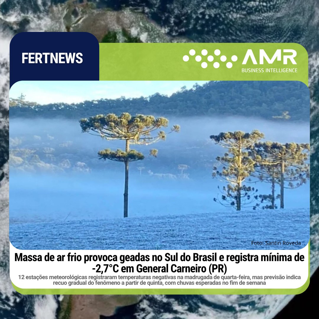 Capa da postagem Massa de ar frio provoca geadas no Sul do Brasil e registra mínima de -2,7°C em General Carneiro (PR)